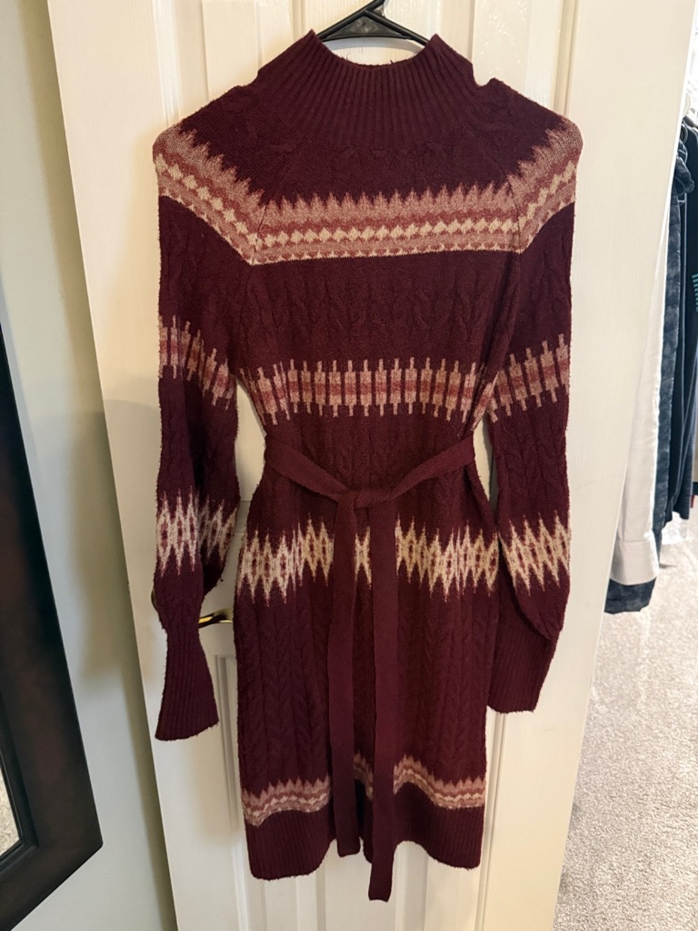 Lucky Brand Burgundy and Cream Patterned Midi Sweater Dress